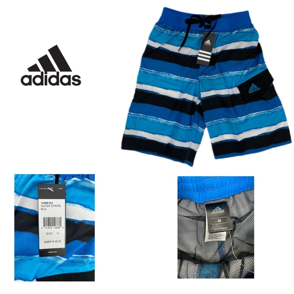 NWT Adidas Boys swim Trunks BLUE/BLACK/WHITE STRIP